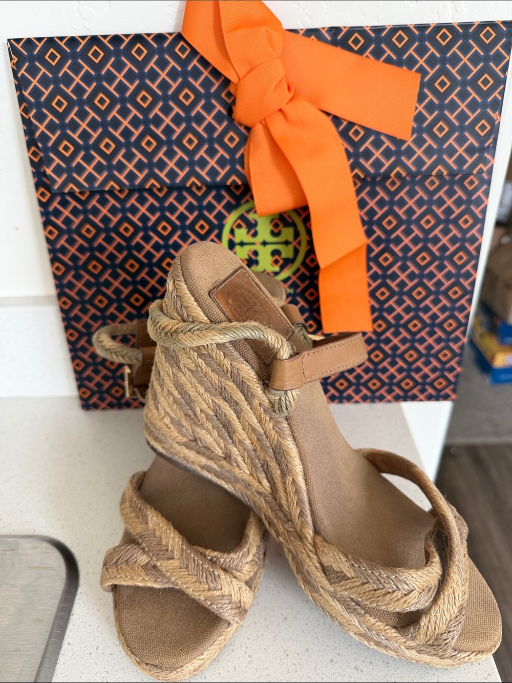 Tory Burch Tan Braided Espadrille Wedge Sandals with Ankle Strap